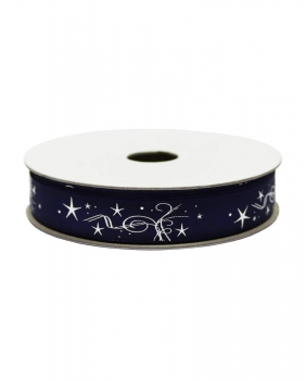 Geschenkband Taft marineblau mit Silberfoliendruck Sternenmuster, 15mm, 25m